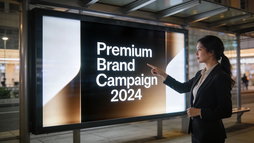 A professional woman in a suit pointing at a large, illuminated advertising billboard outdoors at night.