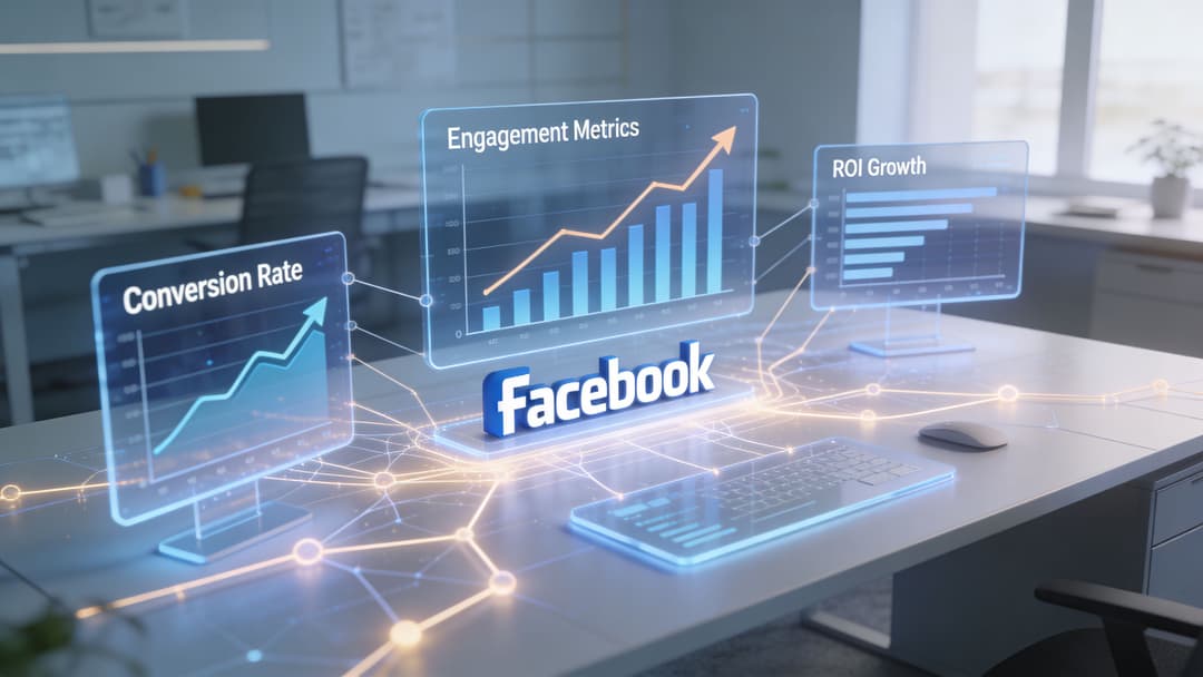 A conceptual workspace display showing Facebook logo analytics with glowing holographic charts for conversion rates and engagement metrics.