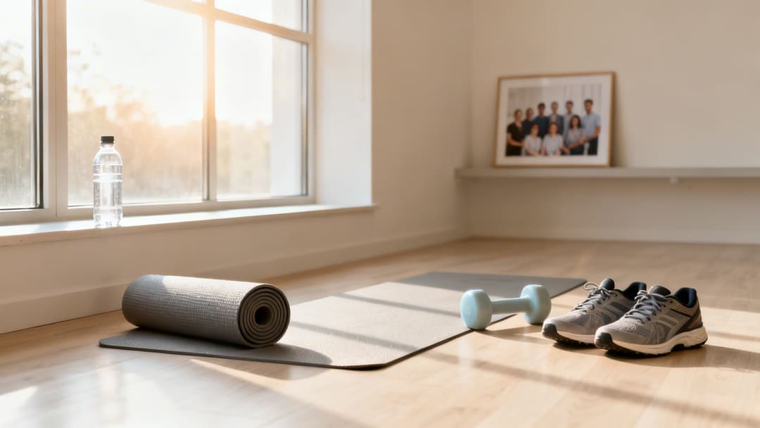 Fitness essentials: yoga mat, water bottle, dumbbell, and sneakers on a sunny wooden floor.