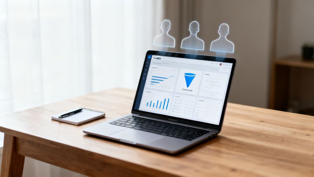 A laptop on a wooden desk displays a sales funnel and user analytics with glowing user icons.