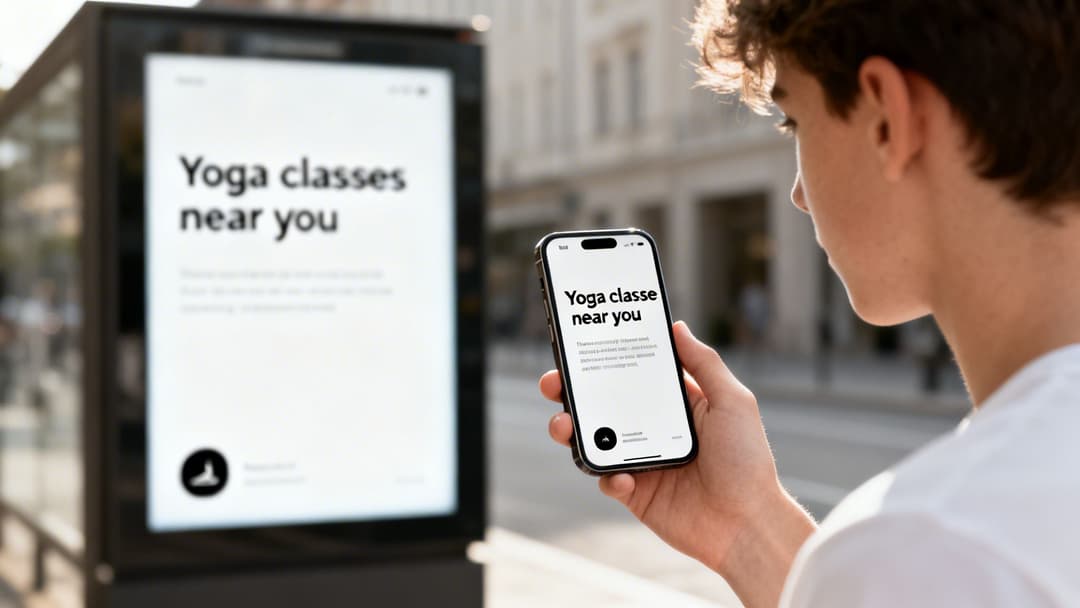 A person holds a phone showing 'Yoga classes near you,' matching a large outdoor ad.