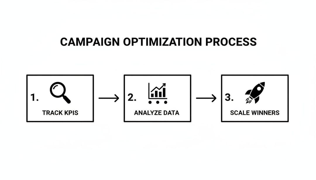 A three-step campaign optimization process diagram: track KPIs, analyze data, and scale winners.