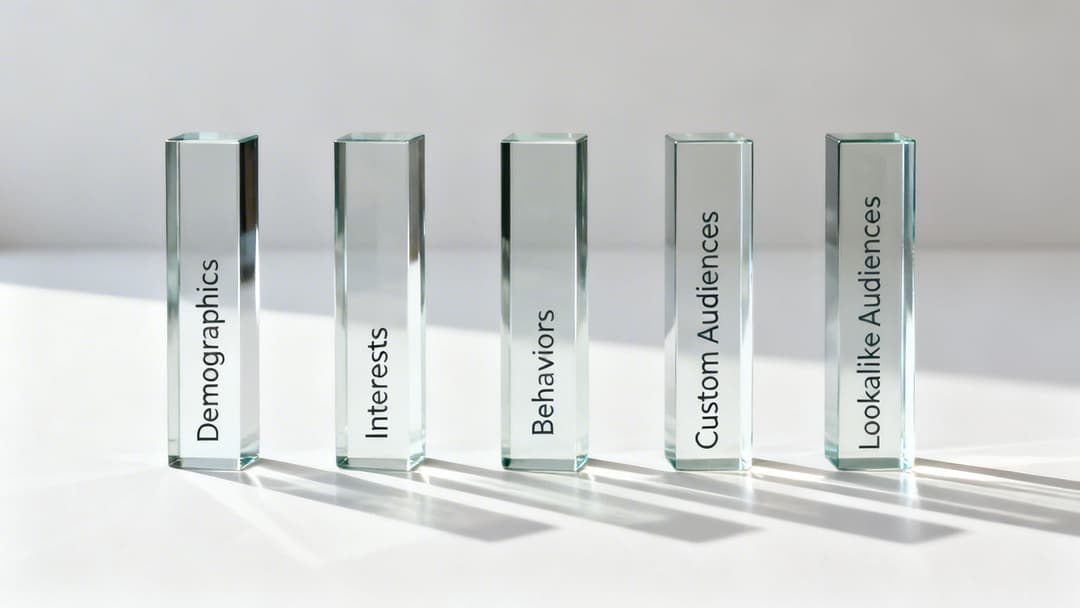 Five clear blocks display Demographics, Interests, Behaviors, Custom, and Lookalike Audiences for marketing.