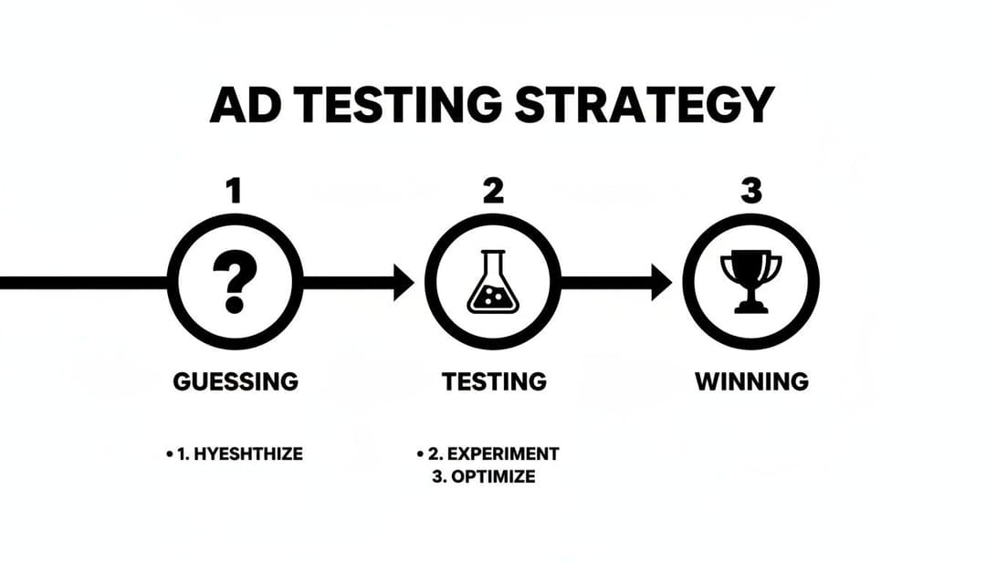 A simple flowchart outlining an ad testing strategy: hypothesize, experiment, optimize to win.