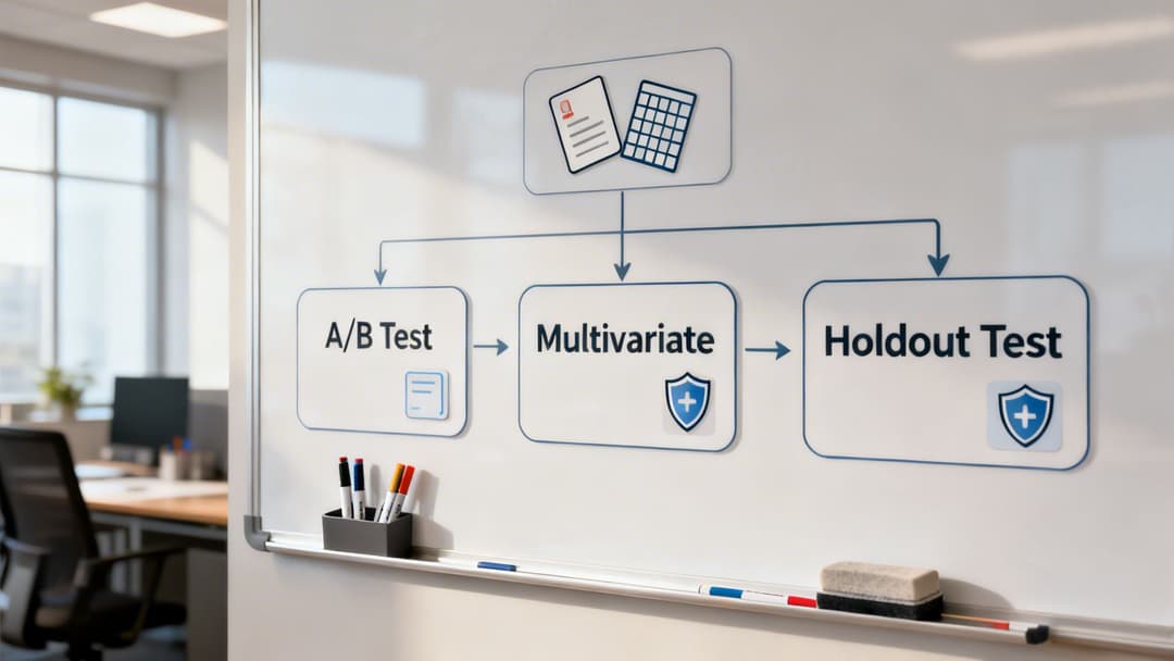 A whiteboard displays a flowchart detailing A/B Test, Multivariate, and Holdout Test methods.