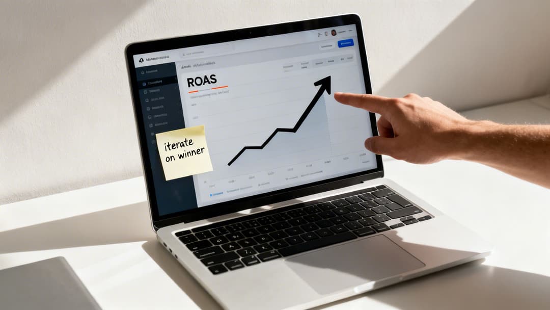 A hand points at a laptop screen displaying an increasing ROAS graph, with a sticky note saying 'iterate on winner'.