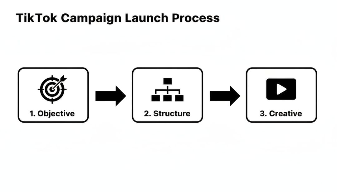 Flowchart illustrating the TikTok campaign launch process, including Objective, Structure, and Creative steps.