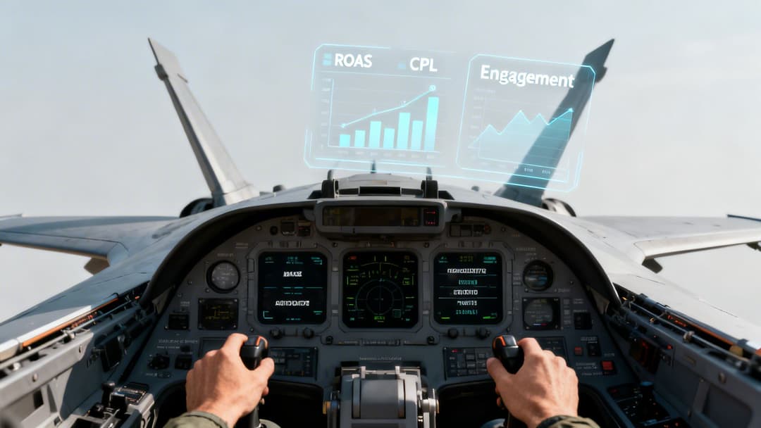 A person in a fighter jet cockpit viewing holographic business metrics for ROAS, CPL, and engagement.