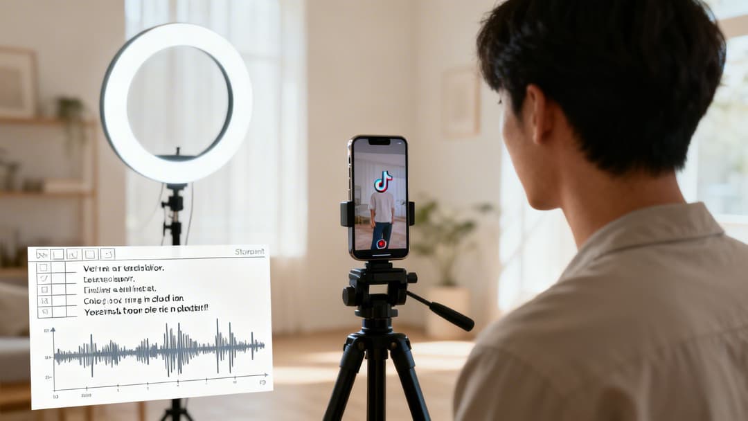 Man recording a TikTok video with a phone on a tripod and a bright ring light.