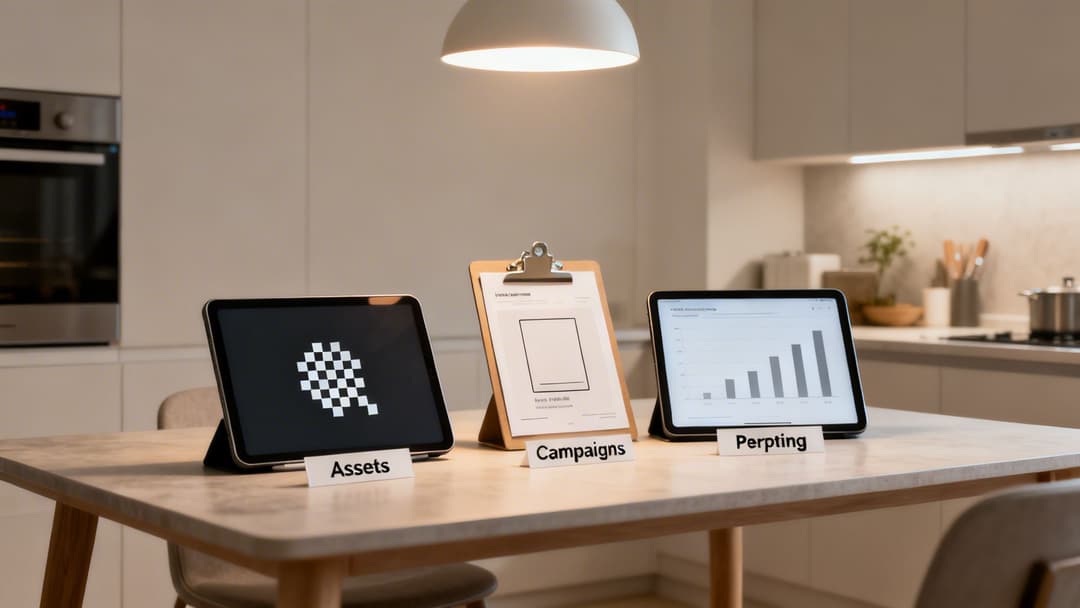 Three digital screens and a clipboard on a table showcasing ad manager elements in a kitchen.