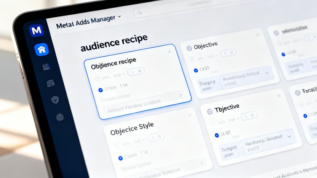 A tablet screen displaying a digital marketing interface with audience recipe and campaign objective setting menus.