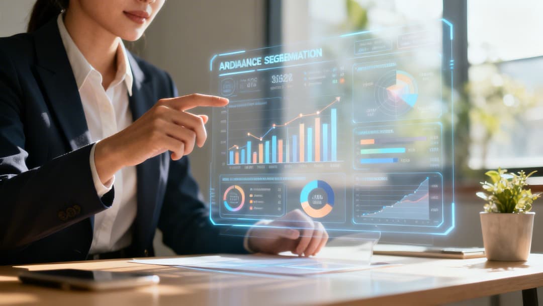 A professional woman in a suit interacting with a glowing digital display of audience segmentation data analytics.