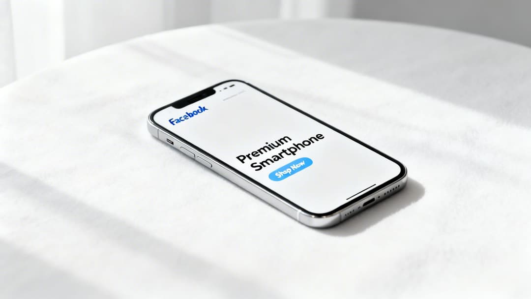 An iPhone displaying a Facebook ad for a premium smartphone with a 'Shop Now' button on a white table.