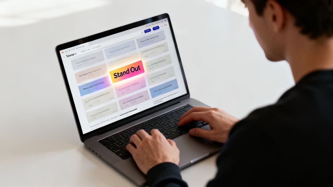 A person types on a laptop screen displaying a colorful web interface with a prominent 'Stand Out' message.