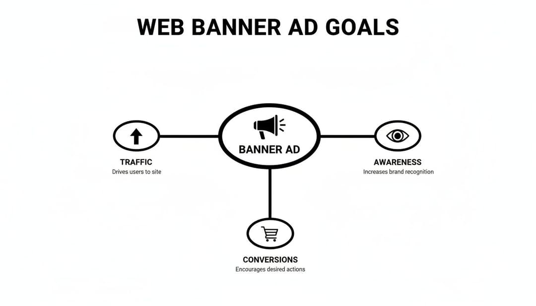 A diagram outlining web banner ad goals: traffic, awareness, and conversions with icons.