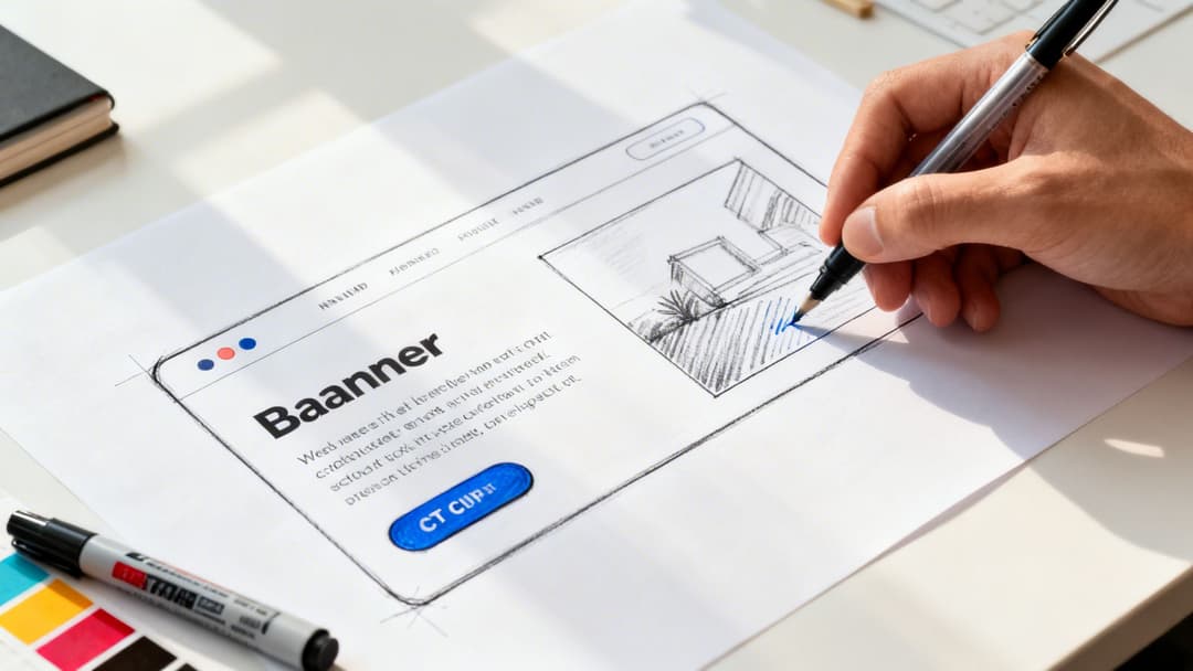 A designer's hand coloring a web banner ad layout on paper with a blue marker.