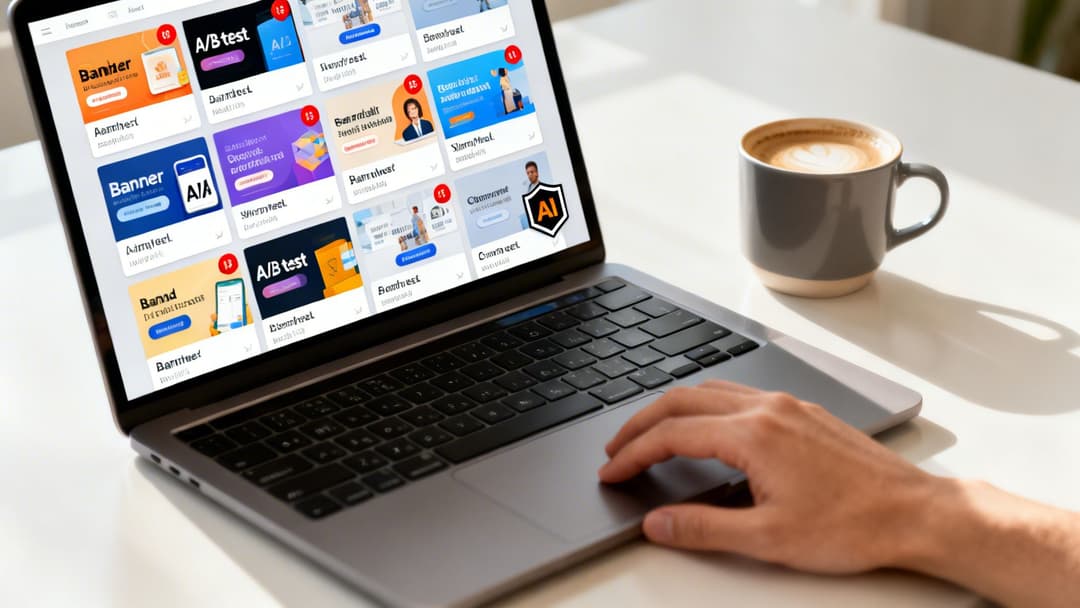A person's hand uses a laptop displaying various web banner ad designs and an AI logo, with a coffee cup nearby.
