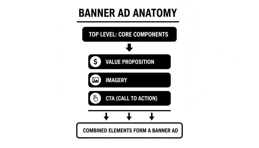 Flowchart illustrating the anatomy of a banner ad, detailing core components like value proposition, imagery, and call to action.