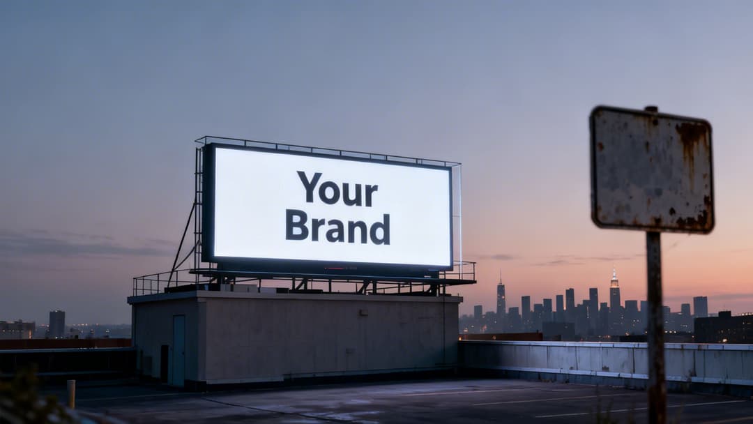 A large illuminated billboard displaying 'Your Brand' text on a rooftop with a city skyline at dusk.