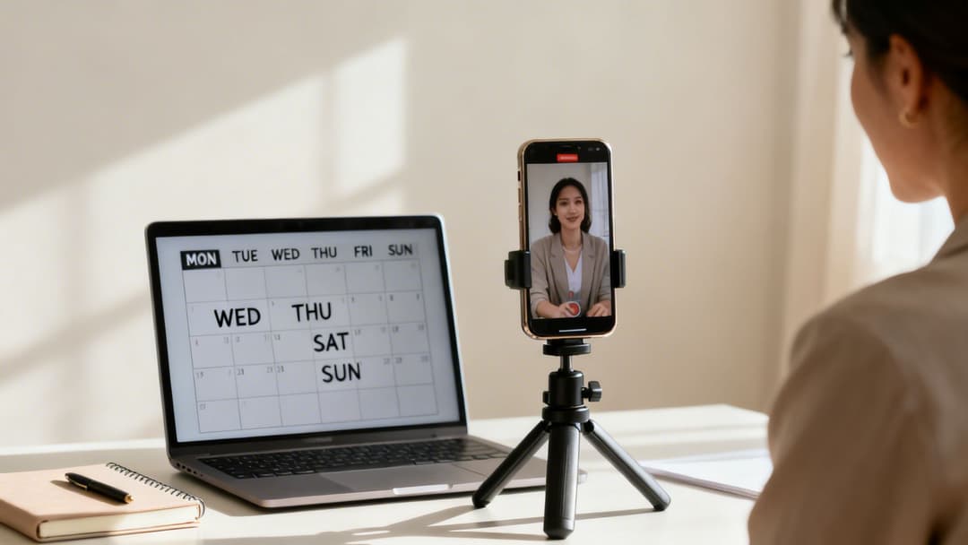 A person views a phone on a tripod displaying a video call, with a laptop and notebook nearby on a desk.