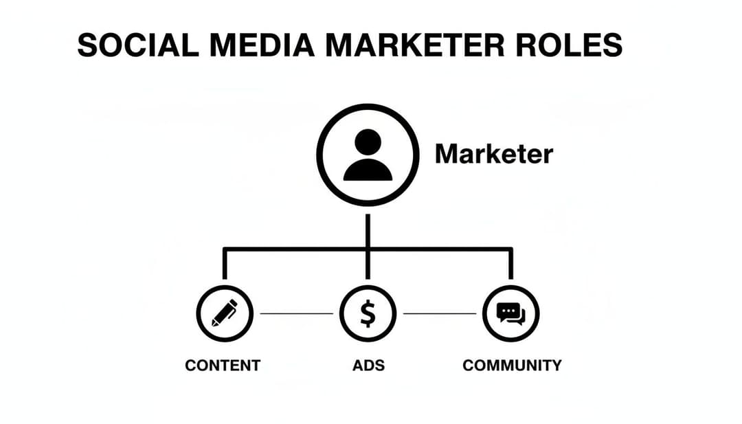 Diagram illustrating social media marketer roles, including content creation, managing ads, and community engagement.
