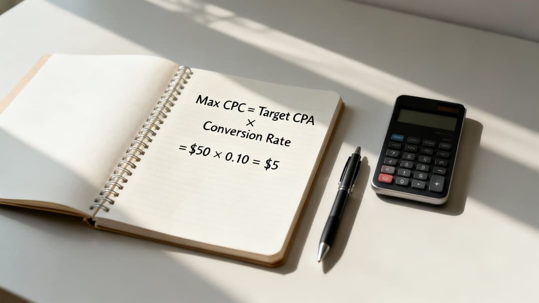 A notebook displays the Max CPC formula with a calculator and pen nearby on a white desk.