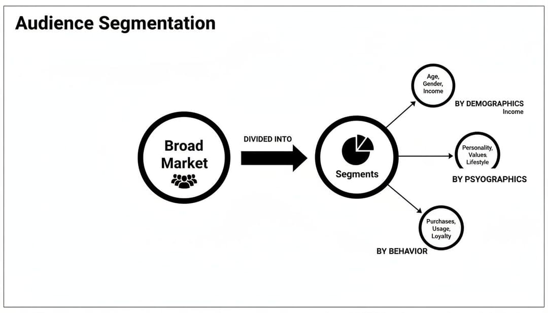 Diagram illustrating audience segmentation from a broad market into segments by demographics, psychographics, and behavior.
