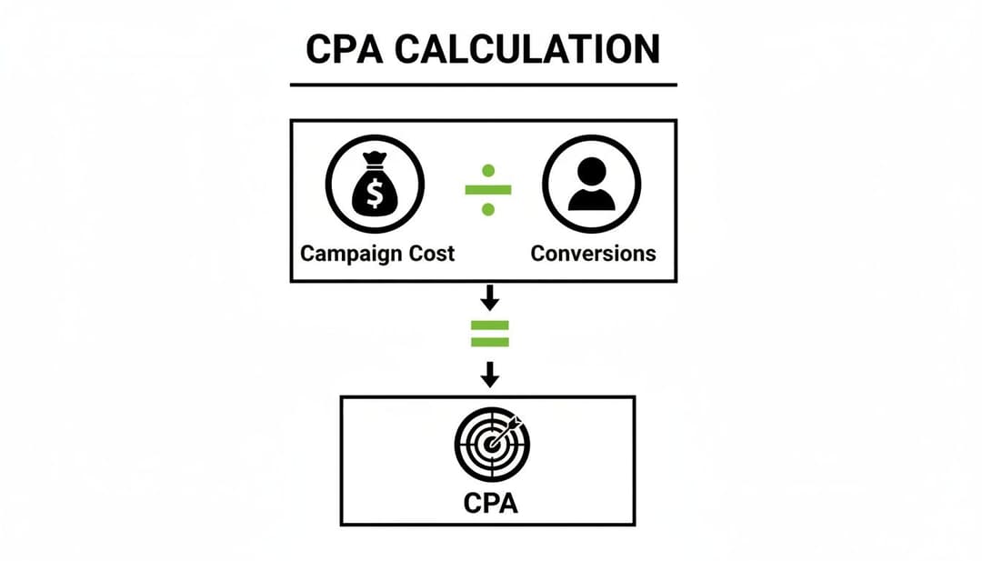 A diagram illustrating the CPA calculation: Campaign Cost divided by Conversions equals CPA.