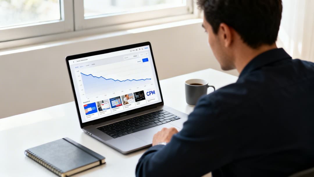 A person views a laptop screen with a blue line graph and CPM branding on a white desk.