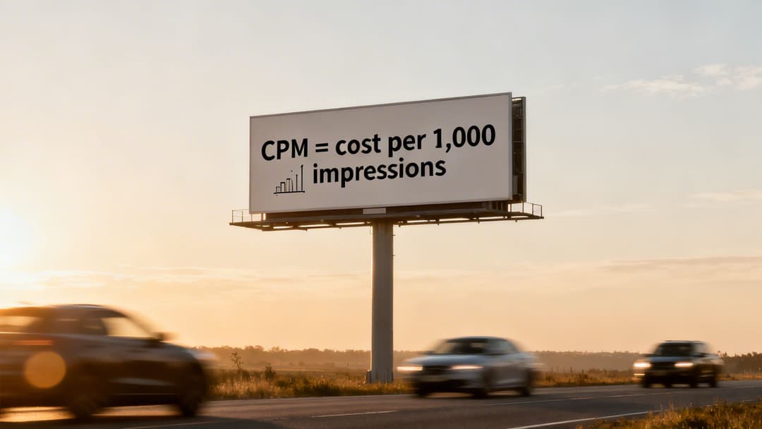 A billboard on a highway at sunset defines CPM as 'cost per 1,000 impressions,' with blurred cars driving past.