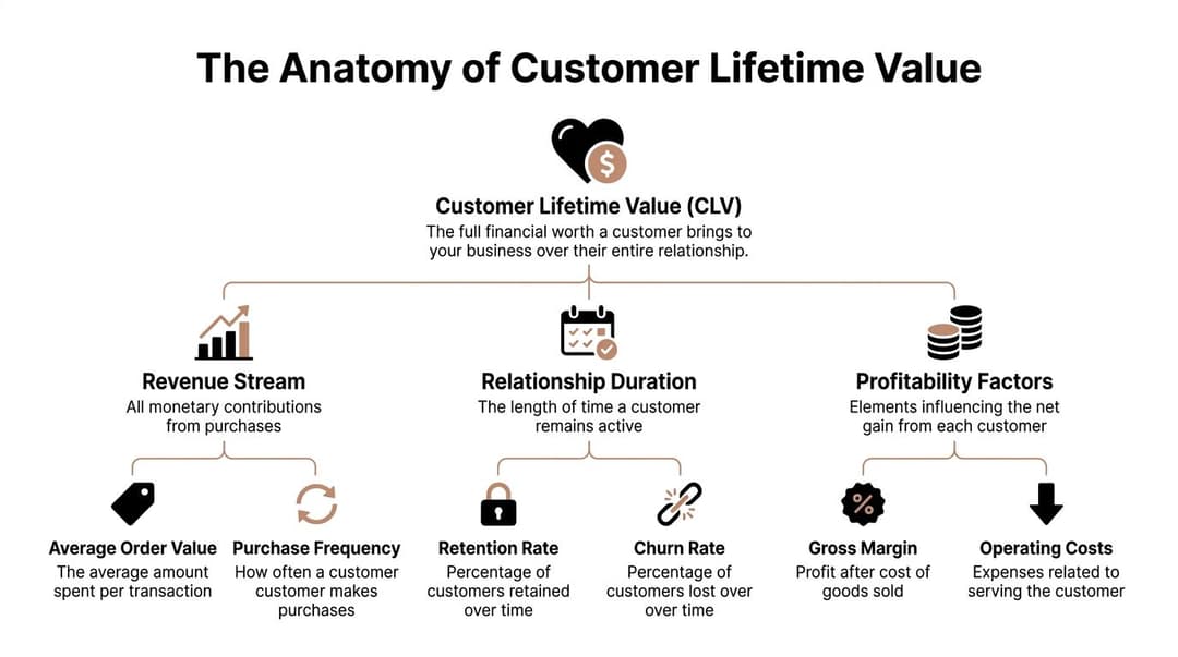 A diagram illustrating the components of customer lifetime value including revenue, relationship duration, and profitability factors.