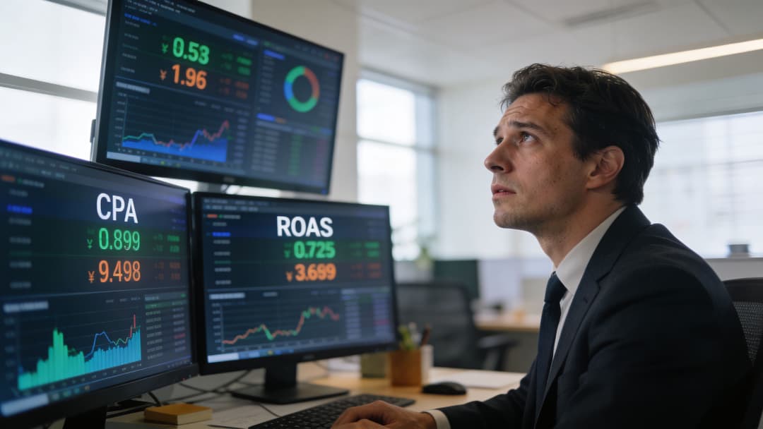 A professional man in a suit looks at computer monitors displaying financial data, including CPA and ROAS metrics.