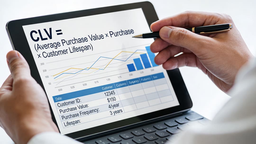 A professional analyzing customer lifetime value data on a tablet screen with charts and metric details.