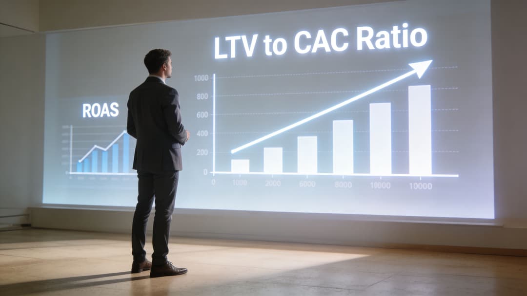 A businessman standing in front of a large screen displaying business growth charts regarding LTV to CAC ratios.