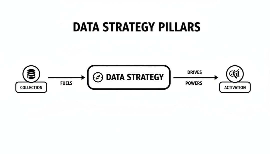 A diagram illustrating data strategy pillars: Collection fuels Data Strategy, which drives Activation.