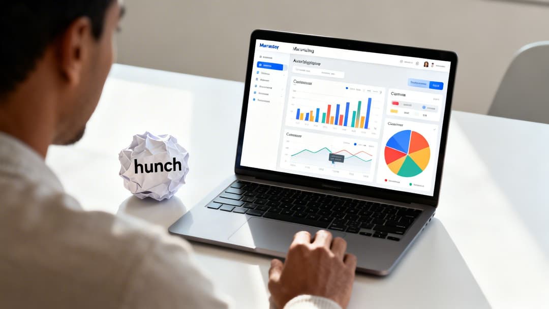 Person reviewing data charts on a laptop, with a crumpled 'hunch' paper ball nearby, symbolizing data-driven decisions.