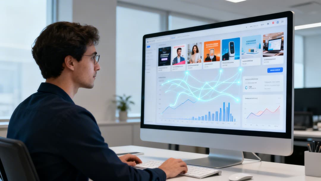 Man analyzing data-driven marketing insights on a computer screen in a modern office.