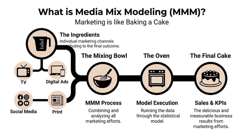 An infographic titled What is Media Mix Modeling explaining marketing channels as a cake baking process.