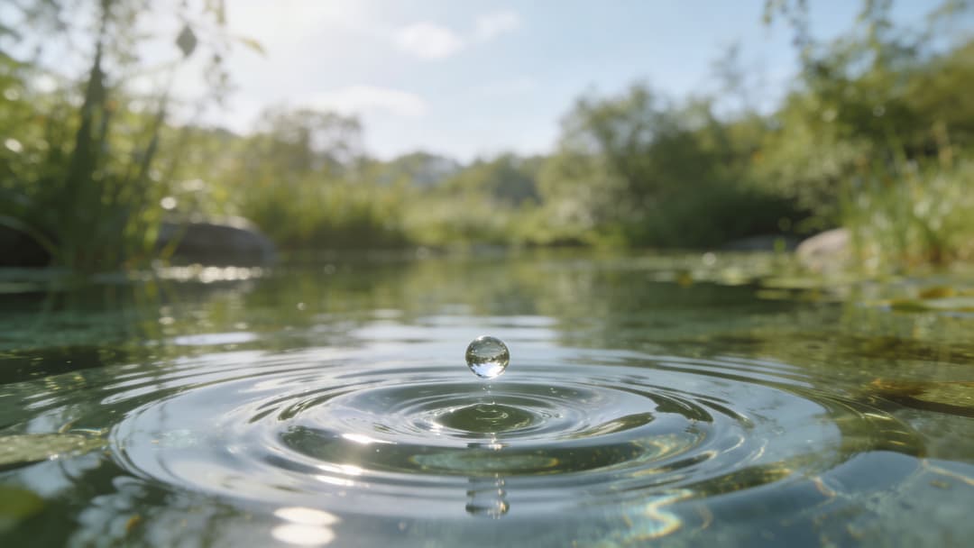A crystal clear water droplet suspended above the calm, rippling surface of a peaceful nature pond.