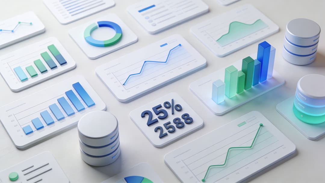 A 3D isometric dashboard showing various charts, data graphs, and cylindrical storage containers representing digital analytics.