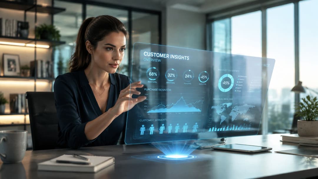 A businesswoman interacts with a holographic digital display showcasing data charts and customer analytics in a modern office.