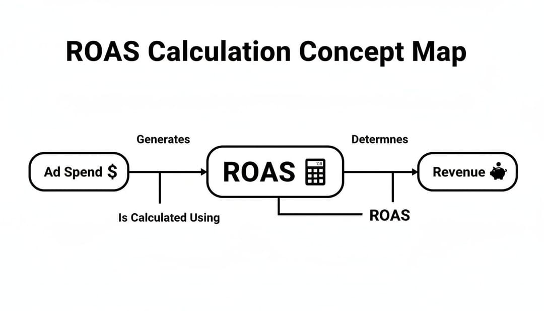 A concept map illustrating ROAS calculation, showing the relationship between Ad Spend, ROAS, and Revenue.