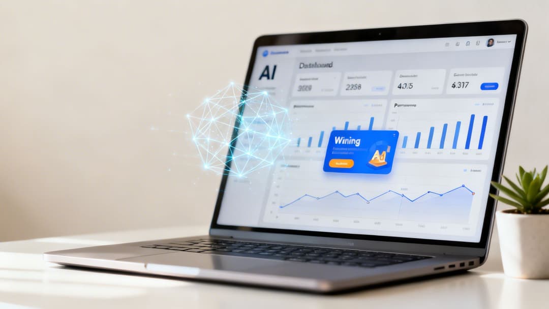 Laptop displaying an AI dashboard with graphs, data, and a floating glowing network, next to a plant.