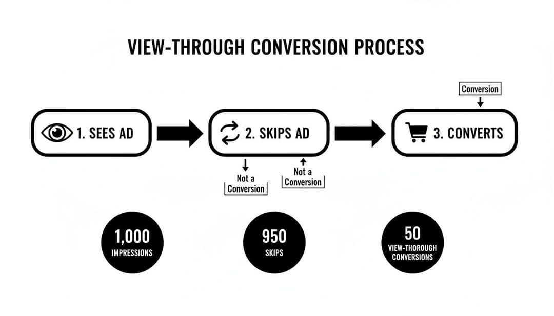 View-through conversion process diagram showing 1000 impressions, 950 skips, and 50 view-through conversions.