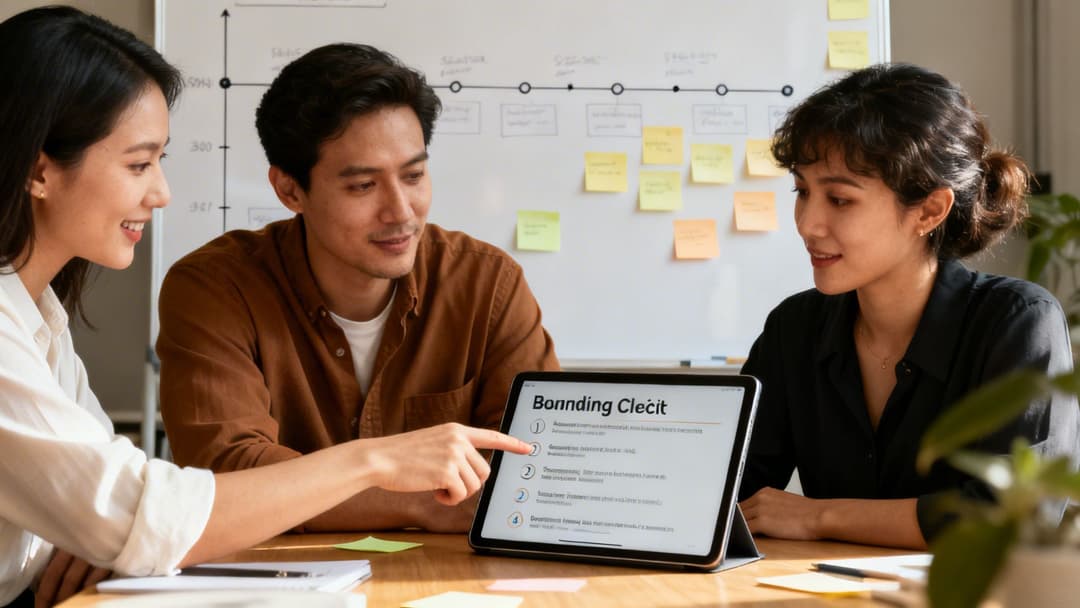 Team of three professionals discussing content on a tablet during an office meeting.