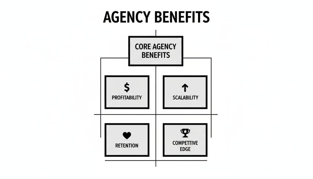 A diagram outlining core agency benefits: profitability, scalability, retention, and competitive edge.