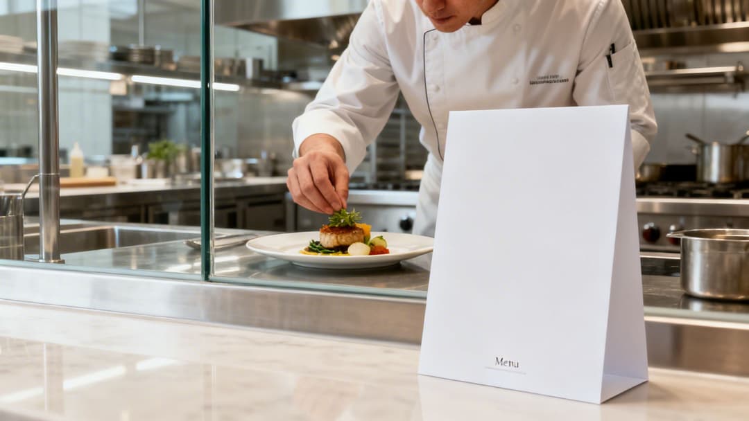 A chef garnishing a gourmet dish with fresh herbs behind a glass counter, with a white menu stand in front.