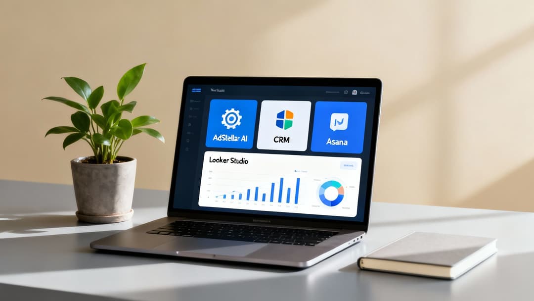 Laptop displaying a white-label digital marketing dashboard with AdStellar AI, CRM, Asana, and charts.